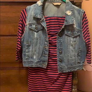 Jean jacket vest and quarter sleeve boat neck top